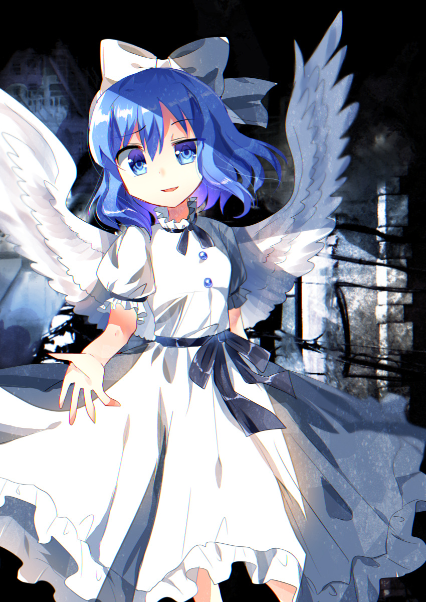 absurdres angel angel_wings black_ribbon black_sash blue_eyes blue_hair bow breasts buttons cowboy_shot eyebrows_visible_through_hair feathered_wings frilled_skirt frills hair_bow highres mai_(touhou) mystic_square open_mouth ougi_maimai puffy_short_sleeves puffy_sleeves ribbon sash shirt short_hair short_sleeves skirt small_breasts touhou touhou_(pc-98) white_bow white_shirt white_skirt white_wings wings
