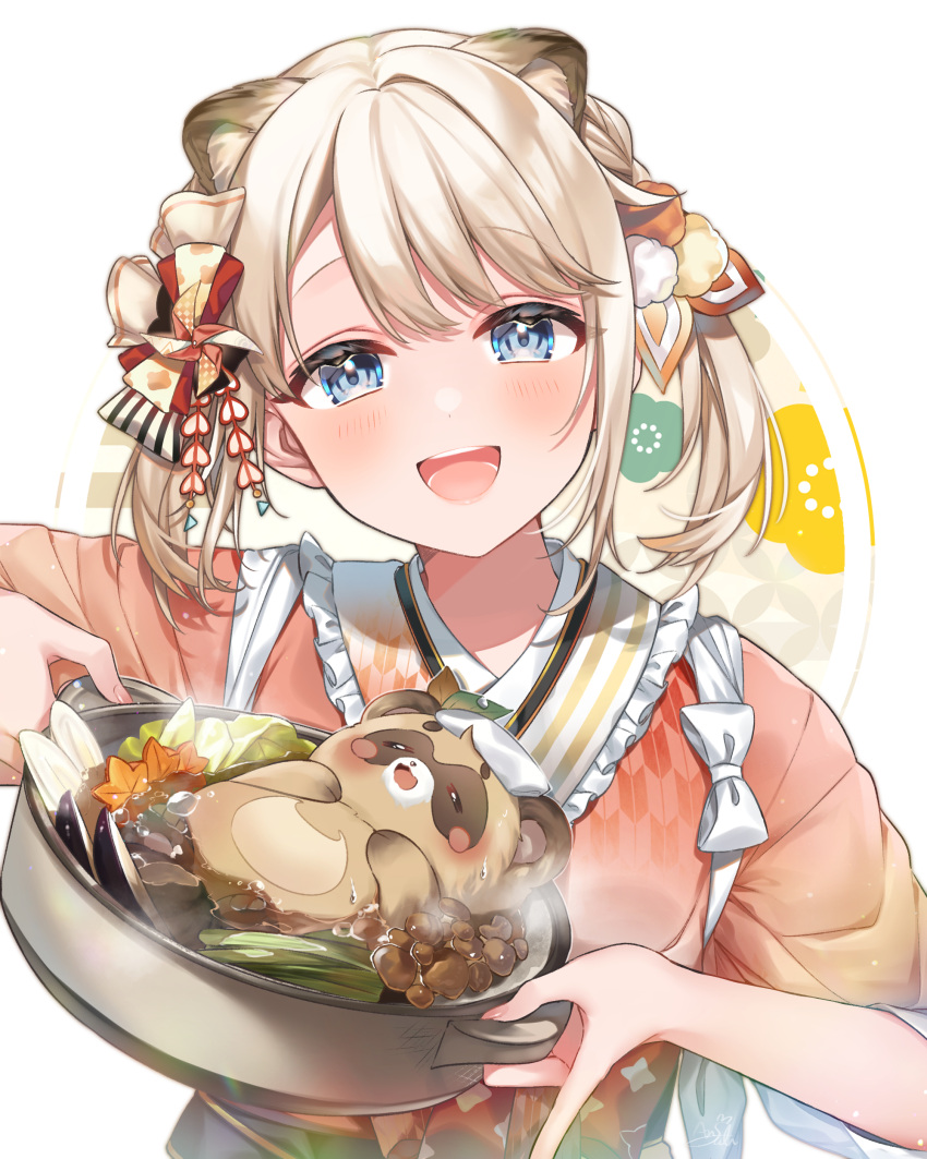 1girl :d absurdres animal_ear_fluff animal_ears anzu_1026 bangs blonde_hair blue_eyes blush commentary_request extra_ears eyebrows_visible_through_hair food frilled_kimono frills hair_ribbon highres holding holding_pot hololive japanese_clothes kazama_iroha kimono looking_at_viewer pink_kimono pokobee pot ribbon short_hair smile solo twintails upper_body virtual_youtuber