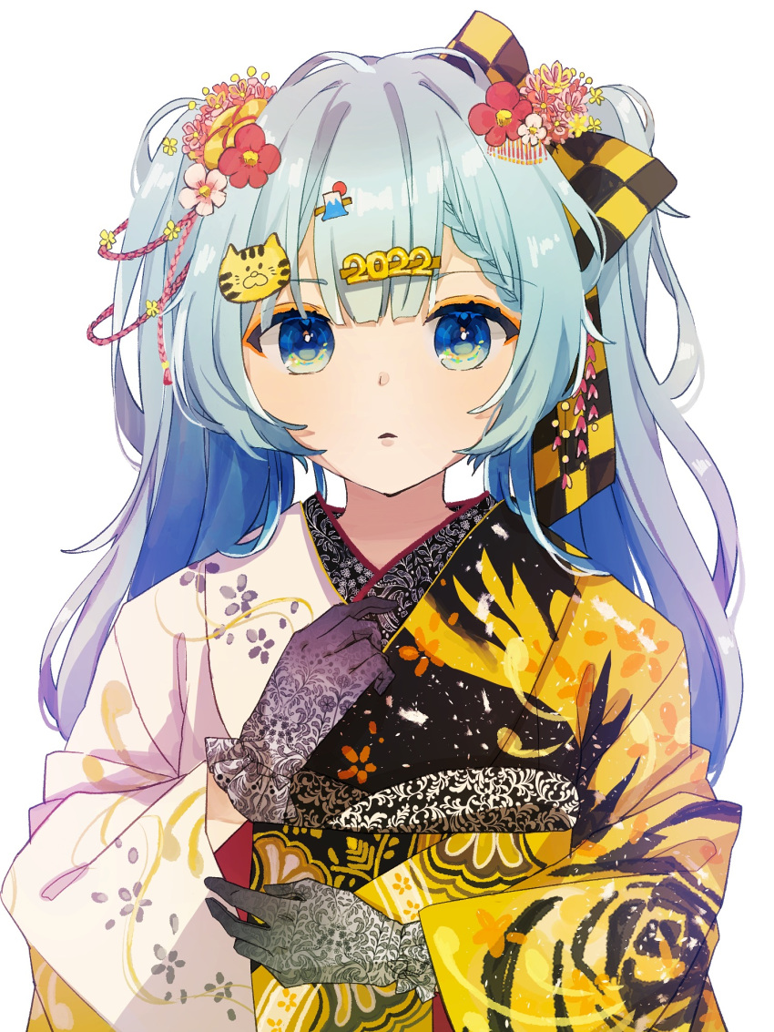 1girl 2022 blue_eyes bow braid braided_bangs checkered_bow checkered_clothes chinese_zodiac commentary eyebrows_visible_through_hair gloves gradient_eyes hair_between_eyes hair_ornament haruta_(user_dndp3458) hatsune_miku highres light_blue_hair light_blush long_hair looking_at_viewer multicolored_eyes parted_lips sidelocks simple_background standing upper_body vocaloid white_background year_of_the_tiger