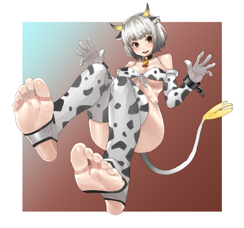 1girl :d animal_ears animal_print bangs bell bikini blue_background border brown_background brown_eyes collar cow_ears cow_horns cow_print cow_tail eiji_(eiji) elbow_gloves fake_animal_ears fake_tail full_body gloves grey_hair highres horns neck_bell open_clothes open_mouth original smile soles solo swimsuit tail thigh-highs toeless_legwear toes two-tone_background white_bikini white_border white_gloves white_legwear