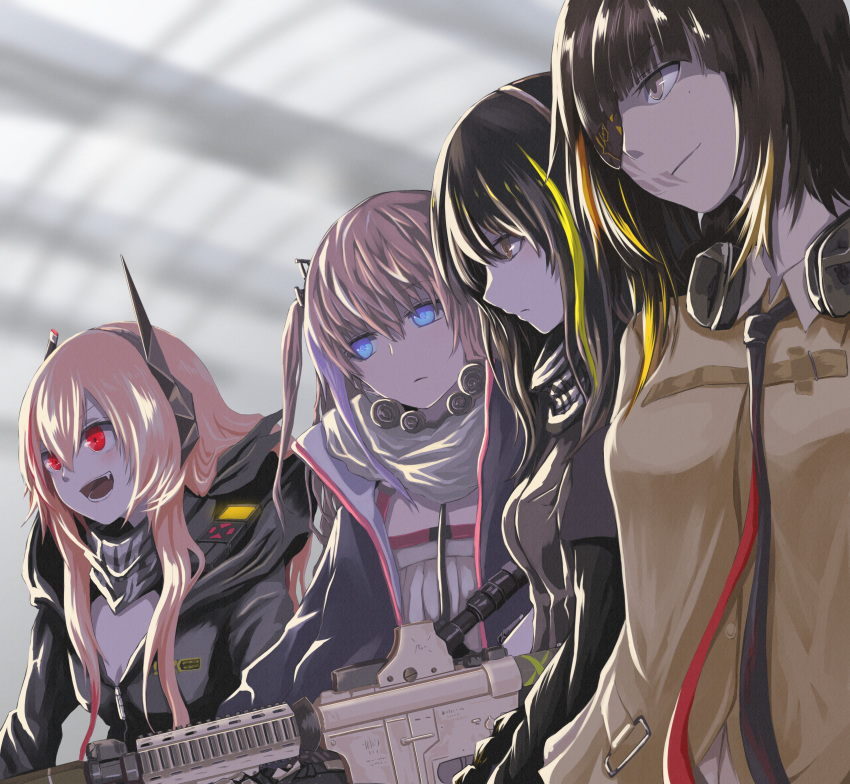 4girls anti-rain_(girls_frontline) ar-15 armband assault_rifle asymmetrical_legwear bangs behind_back beige_jacket black_eyes black_footwear black_gloves black_hair black_jacket black_legwear black_skirt blonde_hair blue_eyes blue_hair blue_jacket boots box braided_ponytail brown_eyes brown_hair cabinet clothes_around_waist collar commentary_request crossed_legs desk dress expressionless eyebrows_visible_through_hair eyepatch girls_frontline gloves green_hair green_sweater gun hair_ornament hand_behind_head happy head_tilt headgear headphones highres holding holding_weapon jacket jacket_around_waist kamatama kneehighs leaning_to_the_side long_hair looking_at_viewer looking_back m16a1_(girls_frontline) m4_carbine m4_sopmod_ii m4_sopmod_ii_(girls_frontline) m4a1_(girls_frontline) measuring_stick messy_room miniskirt multicolored_hair multiple_girls office on_floor one_side_up open_clothes open_jacket over_shoulder pantyhose paper paperwork pink_dress pink_footwear pink_hair ponytail red_eyes red_hair rifle scarf shirt short_dress side_ponytail sidelocks silk sitting skirt skull skull_print sleeveless_sweater smile spider_web st_ar-15_(girls_frontline) standing streaked_hair suppressor sweater teeth thigh-highs tongue weapon window yellow_shirt