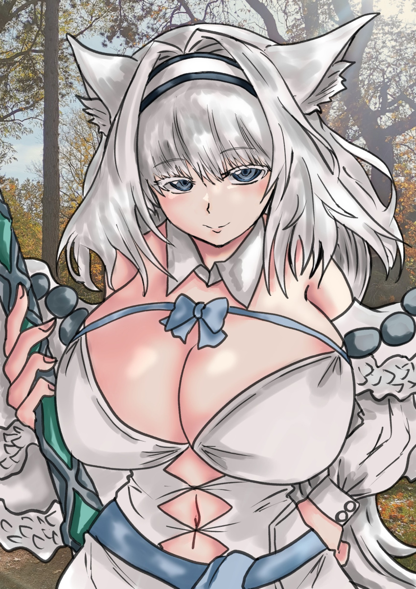 1girl absurdres animal_ears armored_boots bangs blue_bow blue_eyes blue_ribbon blush boots bow breasts brown_legwear buttons cape capelet cat_ears cat_girl cat_tail crop_top crop_top_overhang dobrynya_nikitich_(fate) dress fate/grand_order fate_(series) fur-trimmed_capelet fur-trimmed_headwear fur_trim gauntlets grey_dress hair_bow highres knee_boots large_breasts long_hair long_sleeves looking_at_viewer low_ponytail mace medium_breasts pantyhose ribbon royalfoi short_dress smile solo tail thighs weapon white_cape white_capelet white_hair white_headwear
