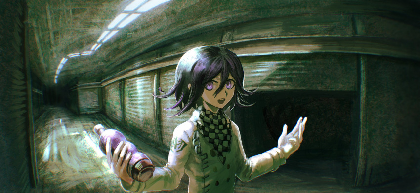 1boy :d bangs black_hair black_scarf bottle buttons chain checkered_clothes checkered_scarf commentary_request danganronpa_(series) danganronpa_v3:_killing_harmony double-breasted flipped_hair grey_jacket grey_scarf hair_between_eyes highres holding holding_bottle indoors jacket long_sleeves male_focus ouma_kokichi purple_hair scarf shiny shiny_hair short_hair smile solo teeth upper_body upper_teeth visket53