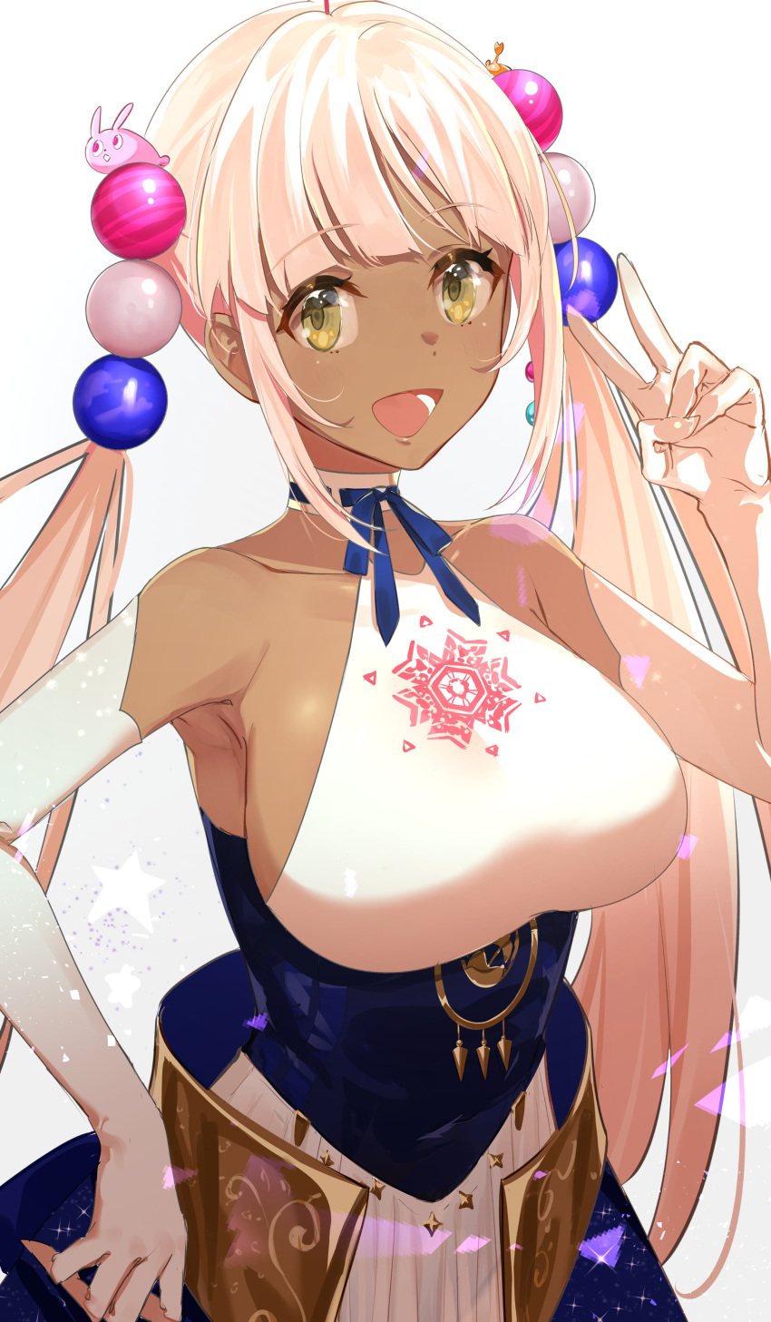 1girl absurdres act_39777 breasts brown_eyes dark-skinned_female dark_skin elbow_gloves gloves highres hololive hololive_english large_breasts long_hair sleeveless smile tsukumo_sana twintails v virtual_youtuber