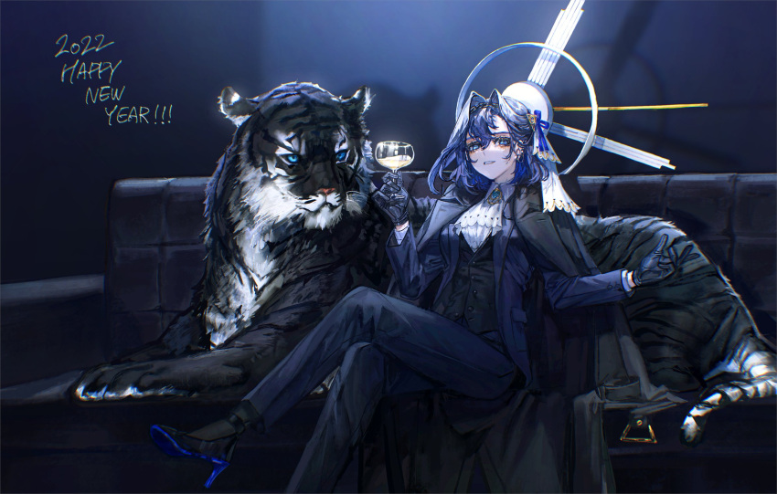 1girl 2022 ascot blue_eyes blue_hair bow chinese_zodiac cup drinking_glass formal gloves hair_intakes highres hololive hololive_english jacket long_hair looking_at_viewer new_year ouro_kronii pant_suit quasarcake short_hair sitting skirt_suit smile suit suit_jacket tiger tuxedo virtual_youtuber wine_glass year_of_the_tiger