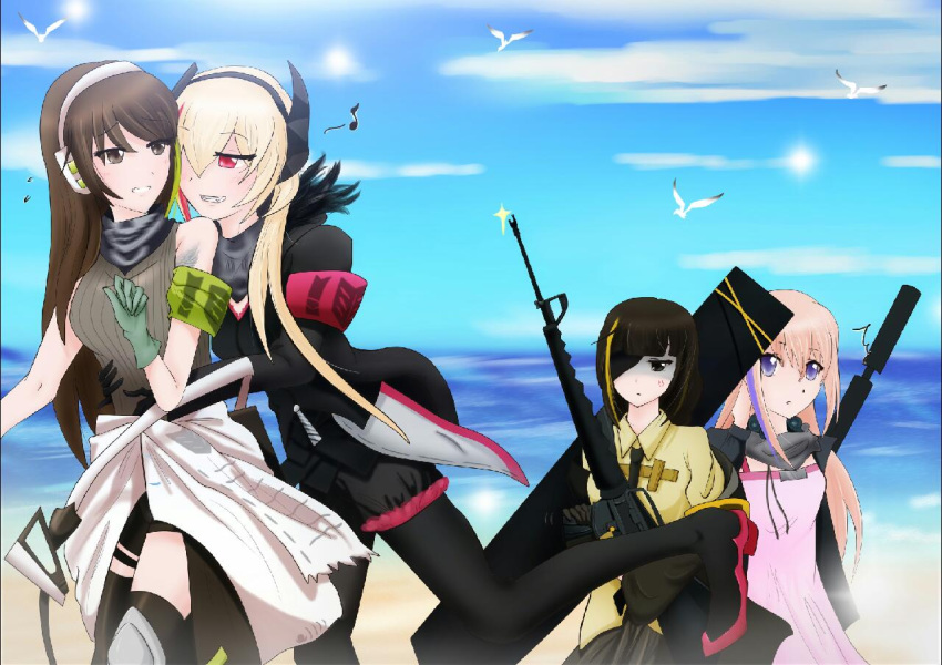 4girls anti-rain_(girls_frontline) ar-15 armband assault_rifle asymmetrical_legwear bangs behind_back beige_jacket black_eyes black_footwear black_gloves black_hair black_jacket black_legwear black_skirt blonde_hair blue_eyes blue_hair blue_jacket boots box braided_ponytail brown_eyes brown_hair cabinet clothes_around_waist collar commentary_request crossed_legs desk dress expressionless eyebrows_visible_through_hair eyepatch girls_frontline gloves green_hair green_sweater gun hair_ornament hand_behind_head happy head_tilt headgear headphones highres holding holding_weapon jacket jacket_around_waist kneehighs leaning_to_the_side long_hair looking_at_viewer looking_back m16a1_(girls_frontline) m4_carbine m4_sopmod_ii m4_sopmod_ii_(girls_frontline) m4a1_(girls_frontline) measuring_stick messy_room miniskirt multicolored_hair multiple_girls office on_floor one_side_up open_clothes open_jacket over_shoulder p.n. pantyhose paper paperwork pink_dress pink_footwear pink_hair ponytail red_eyes red_hair rifle scarf shirt short_dress side_ponytail sidelocks silk sitting skirt skull skull_print sleeveless_sweater smile spider_web st_ar-15_(girls_frontline) standing streaked_hair suppressor sweater teeth thigh-highs tongue weapon window yellow_shirt