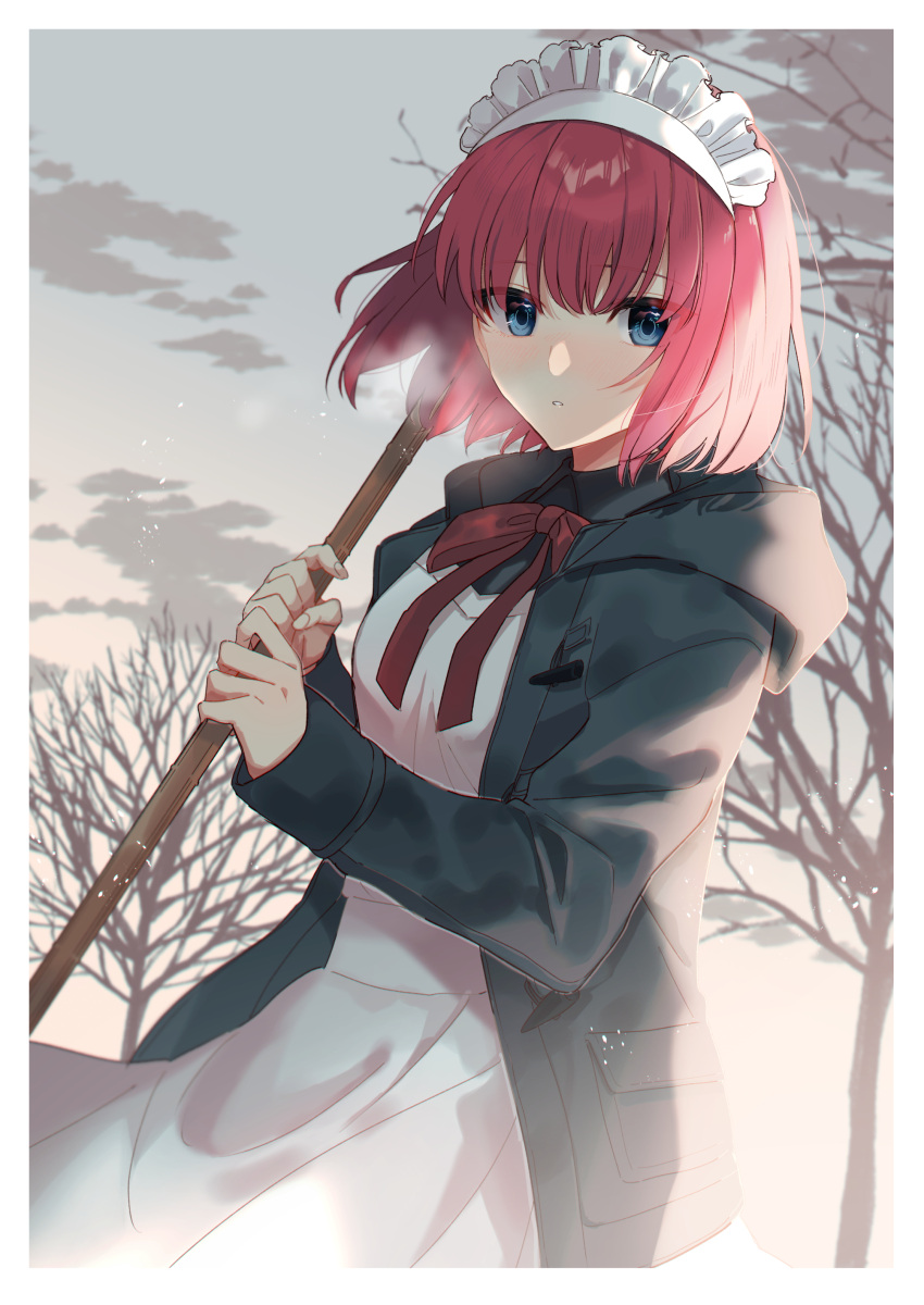 1girl absurdres alternate_costume apron bangs black_dress blue_eyes blush border breath broom clouds commentary_request dress eyebrows_visible_through_hair fingernails green_jacket hair_between_eyes highres hisui_(tsukihime) holding holding_broom hood hood_down hooded_jacket jacket long_sleeves looking_at_viewer maid maid_apron maid_headdress neck_ribbon open_clothes open_jacket outdoors parted_lips pocket red_ribbon redhead ribbon short_hair sky solo tree tsukihime upper_body wasa_(wanosabi) white_apron white_border winter