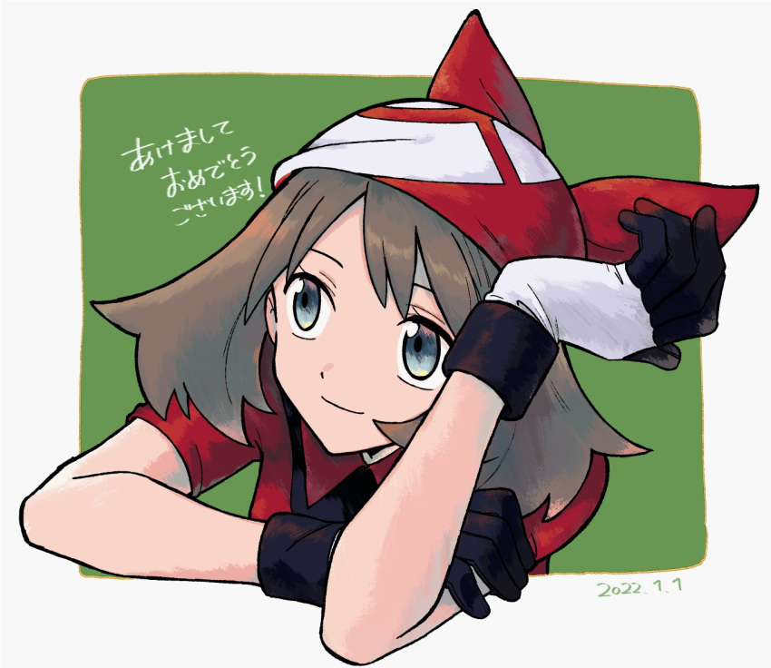 1girl bangs border brown_hair closed_mouth commentary_request dated eyelashes gloves green_background grey_eyes ittumozzz may_(pokemon) medium_hair outside_border pokemon pokemon_(game) pokemon_rse red_bandana red_shirt shirt short_sleeves smile solo translation_request white_border white_gloves