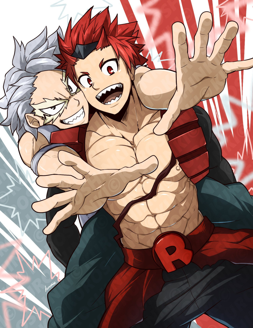 2boys abs armband artist_name bare_pectorals belt black_pants boku_no_hero_academia carrying costume eye_mask headgear highres holding_person kirishima_eijirou kuroshinki looking_at_viewer male_focus multicolored_background multiple_boys muscular muscular_male outstretched_arms pants pectorals piggyback red_eyes redhead riding short_hair silver_hair spiky_hair spread_fingers tetsutetsu_tetsutetsu twitter_username