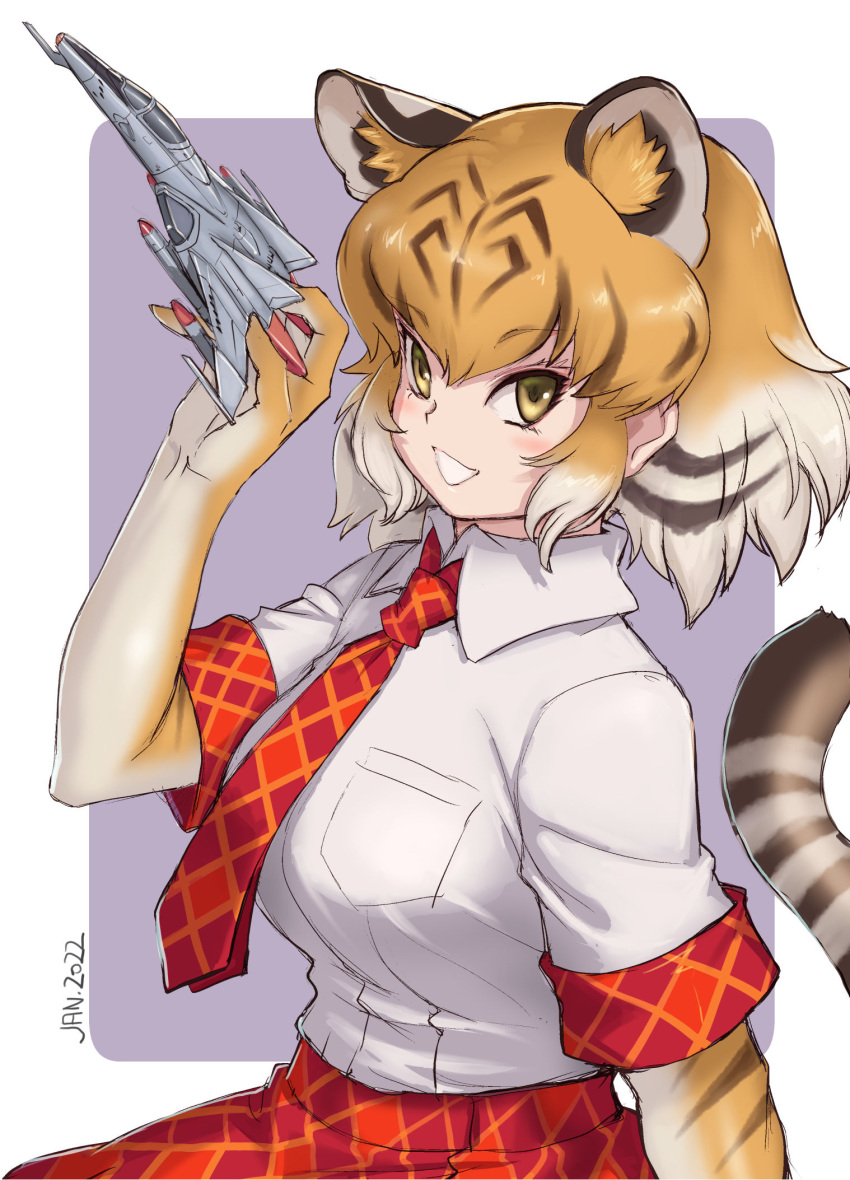 1girl animal_ears animal_print black_hair collared_shirt commentary_request elbow_gloves extra_ears eyebrows_visible_through_hair gloves highres kemono_friends kosai_takayuki looking_at_viewer model_airplane multicolored_hair necktie orange_hair plaid plaid_necktie plaid_skirt plaid_trim pleated_skirt print_gloves red_necktie red_skirt shirt short_hair short_sleeves skirt smile solo tail tiger_(kemono_friends) tiger_ears tiger_girl tiger_print tiger_tail two-tone_hair white_shirt yellow_eyes