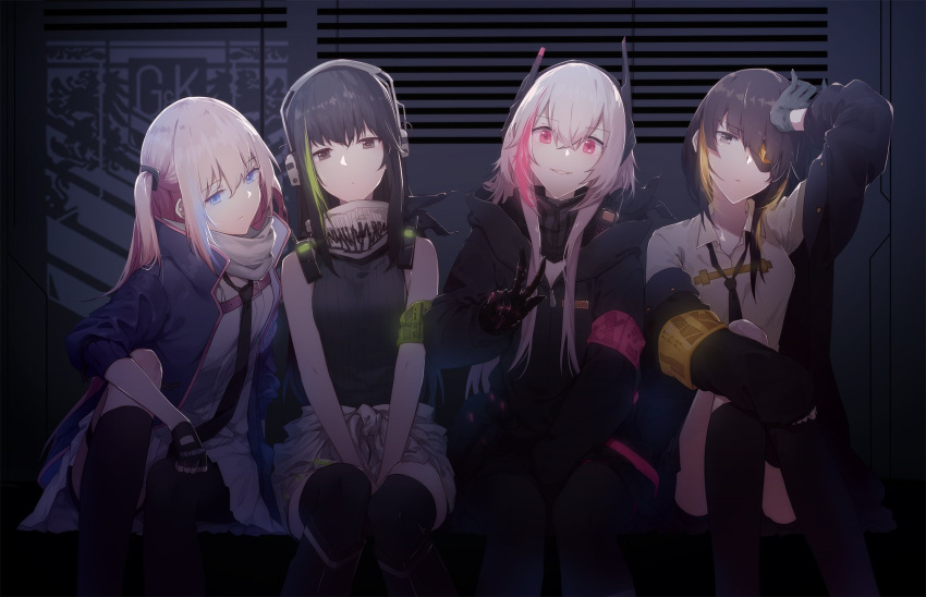 4girls aeror anti-rain_(girls_frontline) ar-15 armband assault_rifle asymmetrical_legwear bangs behind_back beige_jacket black_eyes black_footwear black_gloves black_hair black_jacket black_legwear black_skirt blonde_hair blue_eyes blue_hair blue_jacket boots box braided_ponytail brown_eyes brown_hair cabinet clothes_around_waist collar commentary_request crossed_legs desk dress expressionless eyebrows_visible_through_hair eyepatch girls_frontline gloves green_hair green_sweater gun hair_ornament hand_behind_head happy head_tilt headgear headphones highres holding holding_weapon jacket jacket_around_waist kneehighs leaning_to_the_side long_hair looking_at_viewer looking_back m16a1_(girls_frontline) m4_carbine m4_sopmod_ii m4_sopmod_ii_(girls_frontline) m4a1_(girls_frontline) measuring_stick messy_room miniskirt multicolored_hair multiple_girls office on_floor one_side_up open_clothes open_jacket over_shoulder pantyhose paper paperwork pink_dress pink_footwear pink_hair ponytail red_eyes red_hair rifle scarf shirt short_dress side_ponytail sidelocks silk sitting skirt skull skull_print sleeveless_sweater smile spider_web st_ar-15_(girls_frontline) standing streaked_hair suppressor sweater teeth thigh-highs tongue weapon window yellow_shirt