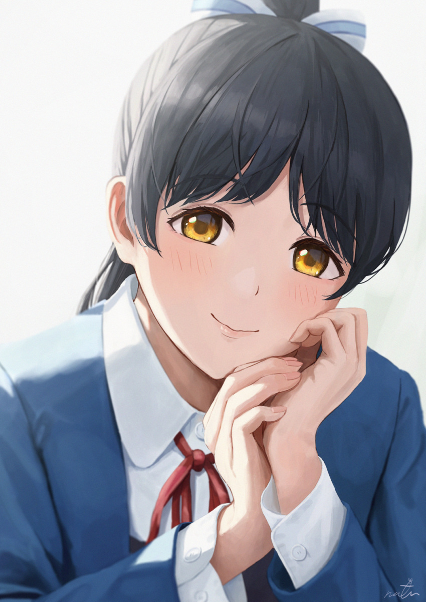 1girl black_hair blazer blue_jacket blush closed_mouth commentary dress eyebrows_visible_through_hair grey_dress hair_ribbon hands_up hazuki_ren head_rest head_tilt highres jacket long_hair long_sleeves looking_at_viewer love_live! love_live!_superstar!! neck_ribbon papi_(papiron100) pinafore_dress ponytail red_ribbon ribbon school_uniform simple_background smile solo upper_body white_background white_ribbon yellow_eyes yuigaoka_school_uniform