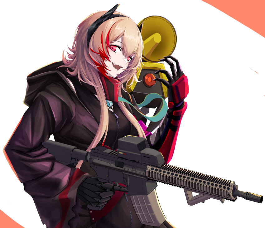 1girl 1other 3_small_spiders absurdres assault_rifle banana_(girls'_frontline) bangs black_gloves black_jacket blonde_hair breasts eyebrows_visible_through_hair girls_frontline gloves gun hair_between_eyes headset highres holding holding_gun holding_weapon hood hooded_jacket jacket long_hair looking_at_viewer m4_sopmod_ii m4_sopmod_ii_(girls'_frontline) mechanical_arms multicolored_hair open_mouth pink_eyes rifle single_mechanical_arm smile upper_body weapon white_background