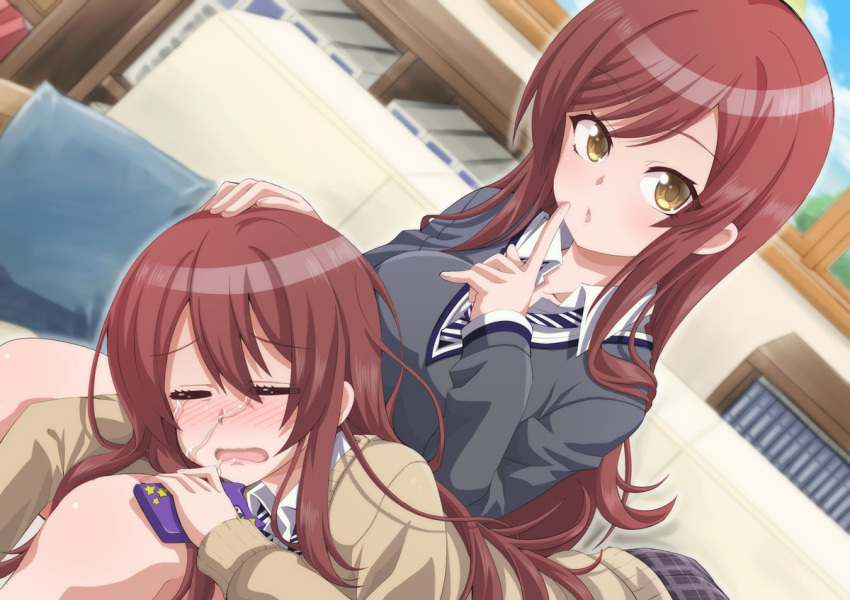 2girls absurdres beige_sweater blue_neckwear brown_eyes brown_hair collared_shirt eyebrows_visible_through_hair from_above gradient gradient_background grey_jacket hair_between_eyes hands_clasped highres idolmaster idolmaster_shiny_colors jacket kou_oishi long_hair looking_at_viewer multiple_girls one_eye_closed oosaki_amana oosaki_tenka open_mouth own_hands_together plaid plaid_skirt pleated_skirt school_uniform shirt siblings sidelocks skirt standing straight_hair striped striped_neckwear tokufumi twins white_shirt