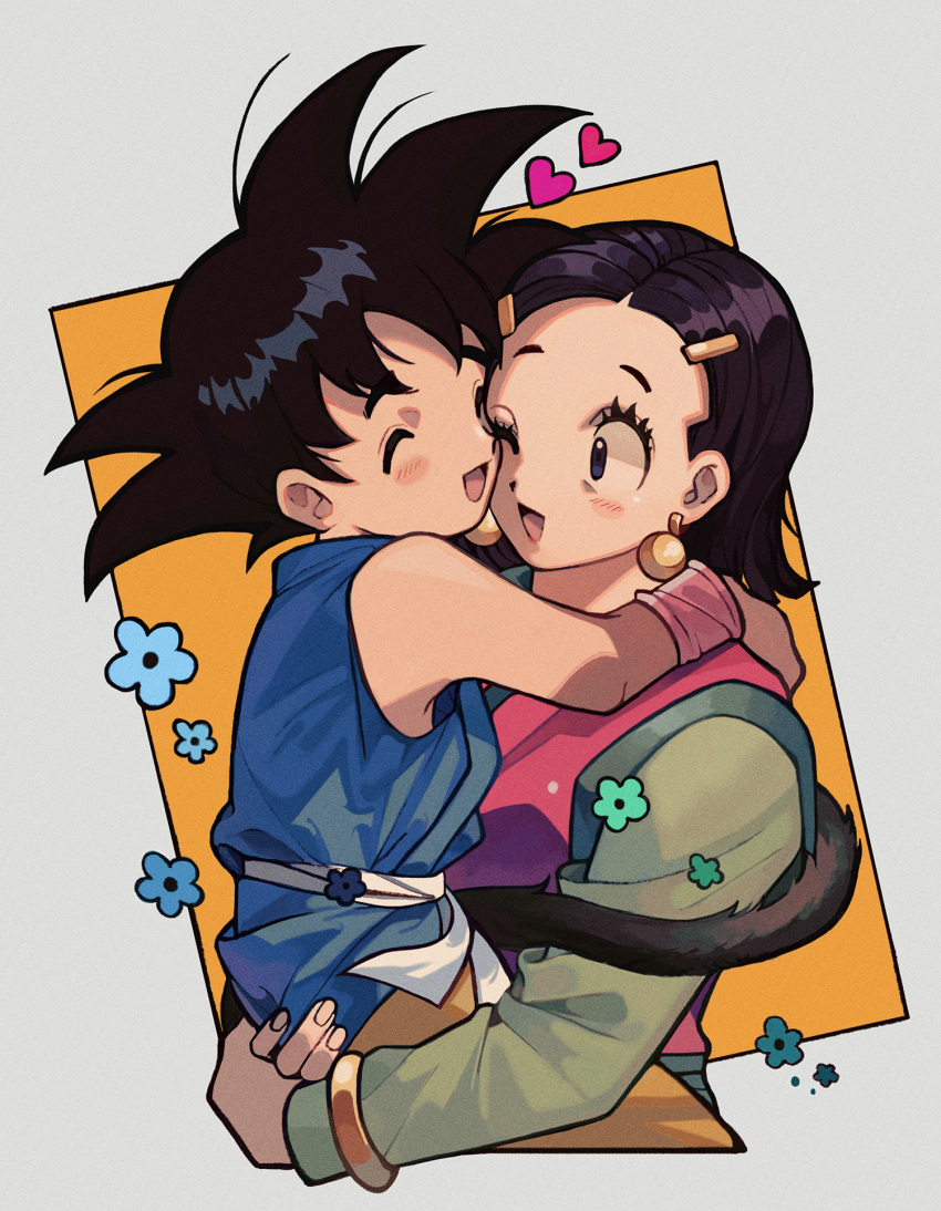 1boy 1girl ;d black_hair blush carrying carrying_person chi-chi_(dragon_ball) child chinese_clothes closed_eyes commentary couple db_jolimu dougi dragon_ball dragon_ball_gt earrings fingernails flower happy heart hetero highres holding hug husband_and_wife jewelry male_child monkey_tail motherly one_eye_closed open_mouth smile son_goku spiked_hair symbol-only_commentary tail