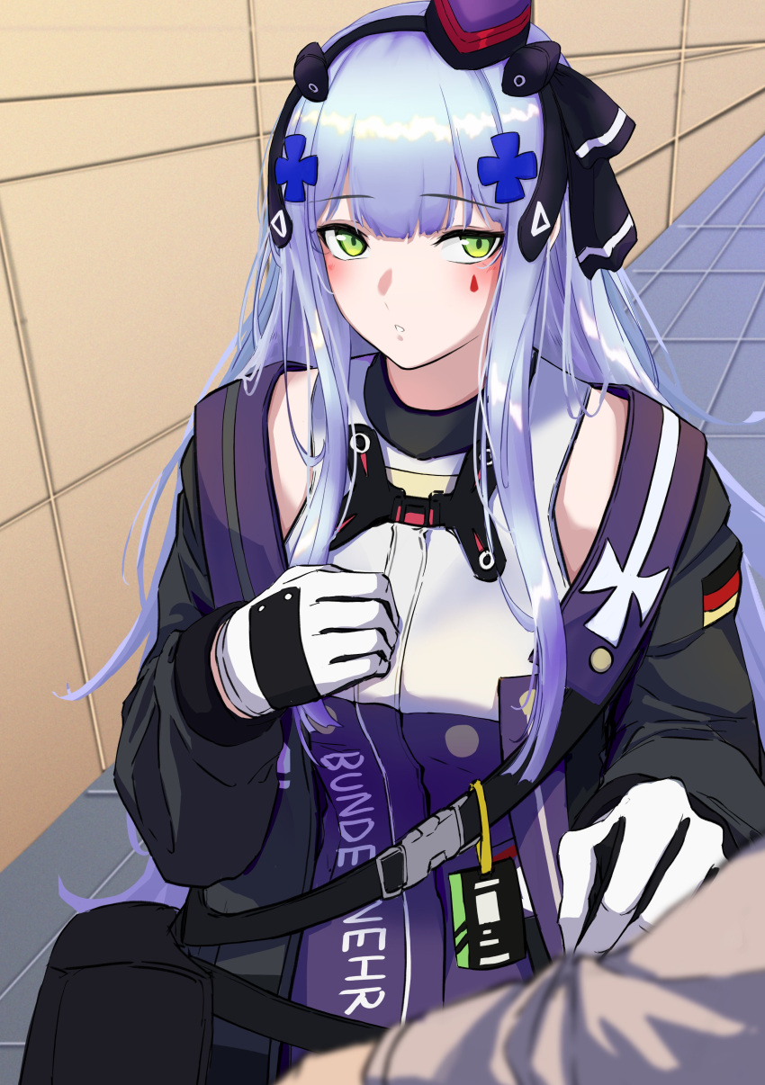 1girl 3_small_spiders absurdres bag bangs black_ribbon blue_hair blush closed_mouth eyebrows_visible_through_hair feet_out_of_frame german_flag girls_frontline gloves green_eyes hair_ornament hair_ribbon hairclip hand_on_own_chest hat headset highres hk416_(girls'_frontline) long_hair looking_at_viewer mini_hat ribbon solo standing tactical_clothes teardrop_facial_mark teardrop_tattoo wall white_gloves
