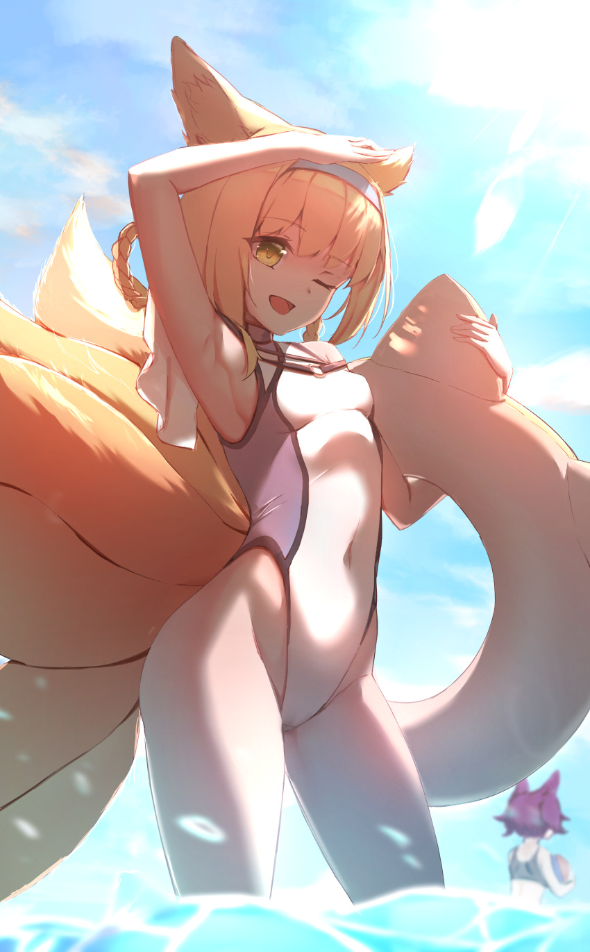 1girl 2girls ;d absurdres adapted_costume animal_ears arknights arm_up armpits bangs bare_arms bare_hips bare_shoulders blonde_hair blue_hairband blue_sky blush braid breasts covered_navel cowboy_shot day eyebrows_visible_through_hair fox_ears fox_girl fox_tail hair_rings hairband hand_on_own_head highleg highleg_swimsuit highres holding holding_innertube innertube lens_flare looking_at_viewer multiple_girls multiple_tails one_eye_closed outdoors pink_hair rada_(aw_waffle) shamare_(arknights) sideboob sky small_breasts smile solo_focus sunlight suzuran_(arknights) swimsuit tail thighs wading water yellow_eyes