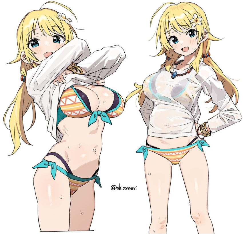 1girl ahoge bikini bikini_under_clothes blonde_hair blue_eyes bracelet breasts eyebrows_visible_through_hair flower hachimiya_meguru hair_flower hair_ornament hands_on_hips highres idolmaster idolmaster_shiny_colors jewelry large_breasts long_hair looking_at_viewer low_twintails multicolored_bikini multicolored_clothes necklace open_mouth orange_bikini see-through_shirt shirt shisoneri simple_background smile solo standing swimsuit thighs twintails twitter_username undressing wet wet_clothes wet_shirt white_background white_shirt