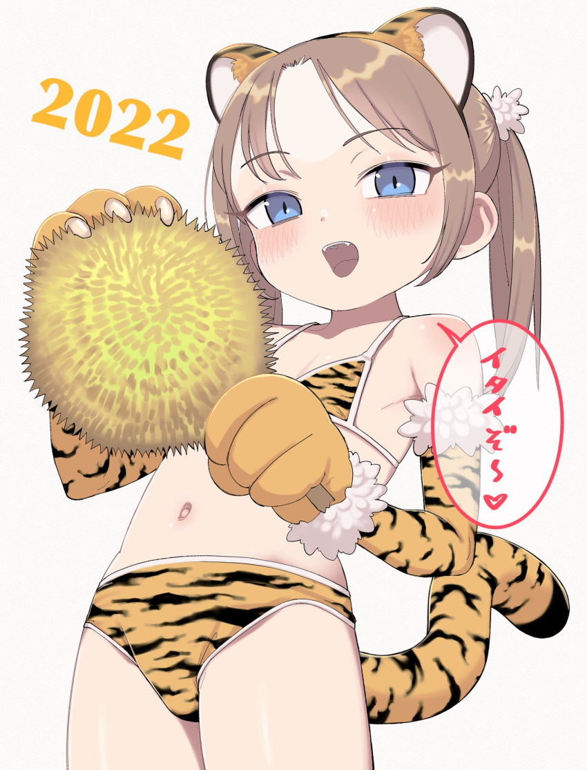 1girl 2022 animal_ears animal_hands animal_print bangs bikini blue_eyes blush bouen brown_hair child chinese_zodiac commentary_request cowboy_shot elbow_gloves eyebrows_visible_through_hair from_below gloves hair_ornament highres holding looking_at_viewer micro_bikini navel open_mouth original parted_bangs simple_background solo swimsuit tail teeth tiger_ears tiger_paws tiger_print tiger_tail translation_request twintails upper_teeth white_background year_of_the_tiger