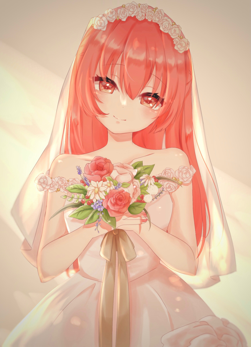 1girl absurdres bangs beige_background blush bouquet bridal_veil closed_mouth collarbone commentary_request cowboy_shot dress eyebrows_visible_through_hair flower hair_between_eyes head_tilt highres holding holding_bouquet looking_at_viewer morumo888 off-shoulder_dress off_shoulder own_hands_together pink_hair red_eyes ribbon shadow shiny shiny_clothes shiny_hair shiny_skin sidelocks sleeveless sleeveless_dress smile solo tonikaku_kawaii veil wedding_dress white_dress yuzaki_tsukasa