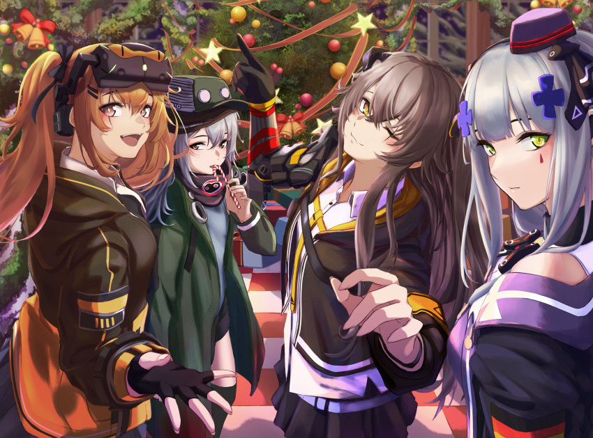 3_small_spiders 4girls absurdres bangs black_gloves black_jacket black_shorts black_skirt blue_hair blush bow box brown_eyes brown_hair candy christmas_ornaments christmas_tree closed_mouth expressionless eyebrows_visible_through_hair fingerless_gloves floor food g11_(girls'_frontline) german_flag gift gift_box girls_frontline gloves green_eyes green_headwear green_jacket grey_eyes hair_between_eyes hair_bow hair_ornament hair_ribbon hairclip hat headset highres hk416_(girls'_frontline) holding holding_candy holding_food hood hooded_jacket index_finger_raised jacket long_hair looking_at_viewer mechanical_arms mini_hat multiple_girls one_eye_closed open_clothes open_jacket open_mouth ribbon scar scar_across_eye scarf shirt shorts single_mechanical_arm skirt smile tactical_clothes teeth twintails ump45_(girls'_frontline) ump9_(girls'_frontline) upper_body upper_teeth uwu white_shirt