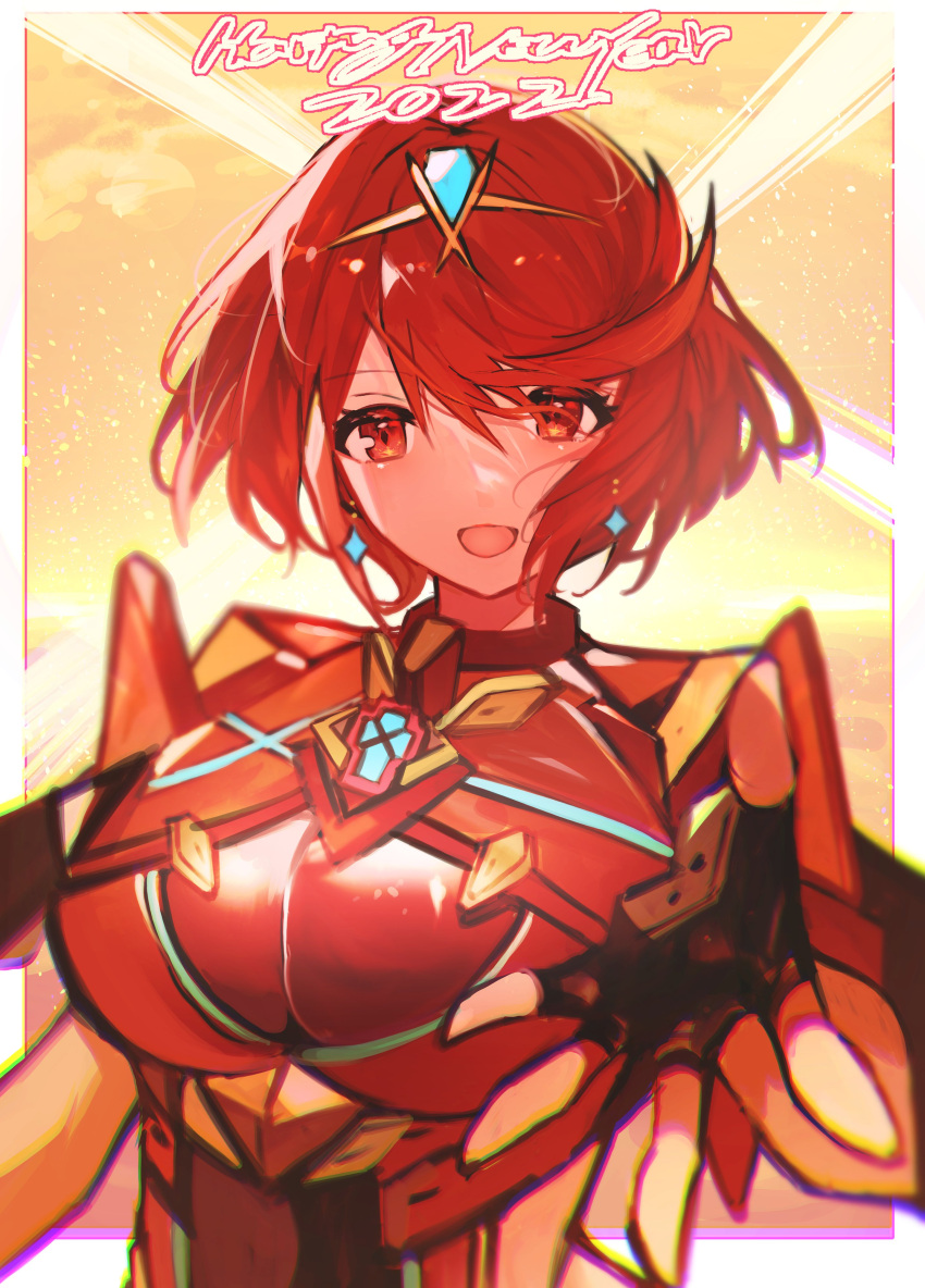 absurdres bangs black_gloves breasts chest_jewel earrings fingerless_gloves gem gloves headpiece highres jewelry large_breasts pyra_(xenoblade) red_eyes red_legwear red_shorts redhead short_hair short_shorts shorts swept_bangs tarbo_(exxxpiation) thigh-highs tiara xenoblade_chronicles_(series) xenoblade_chronicles_2