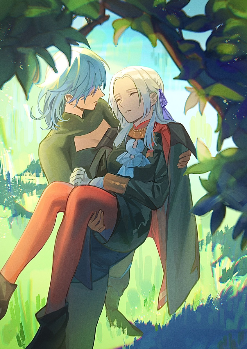 2girls ascot black_footwear black_jacket blue_ascot blue_hair blurry boots branch byleth_(fire_emblem) byleth_eisner_(female) cape carrying cleavage_cutout closed_eyes clothing_cutout commentary depth_of_field edelgard_von_hresvelg fire_emblem fire_emblem:_three_houses from_above garreg_mach_monastery_uniform gloves grass hair_ribbon highres jacket leaf long_hair long_sleeves medium_hair multiple_girls outdoors pantyhose parted_lips platinum_blonde_hair princess_carry purple_ribbon red_cape red_legwear ribbon sidelocks standing toho10min white_gloves yuri