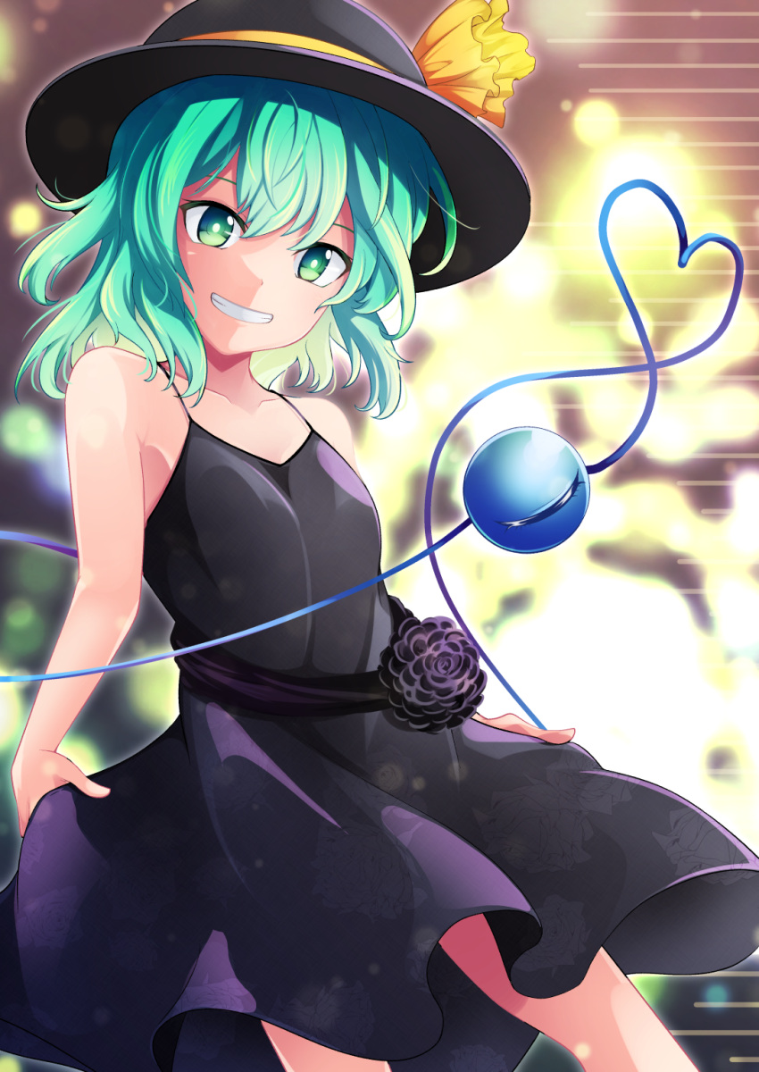 1girl alternate_costume ashiroku_(miracle_hinacle) bangs bare_shoulders black_dress black_flower black_headwear black_rose blush bow breasts collarbone commentary_request dress eyeball feet_out_of_frame floral_print flower green_eyes green_hair grin hat hat_bow hat_ribbon heart heart_of_string highres komeiji_koishi light_particles medium_hair ribbon rose rose_print short_hair sidelocks skirt_hold small_breasts smile solo standing sundress teeth third_eye touhou yellow_bow yellow_ribbon