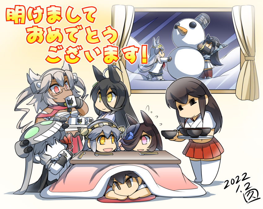 6+girls abyssal_ship ahoge akagi_(kancolle) animal_ears bandages black_gloves black_hair black_legwear blue_eyes blue_flower blue_headwear blue_rose bodysuit breasts brown_eyes brown_hair budget_sarashi cape capelet chibi coffee crossover dark-skinned_female dark_skin ear_covers elbow_gloves flower glasses gloves grey_hair hair_between_eyes hair_over_one_eye hakama hakama_short_skirt hakama_skirt happy_new_year haruna_(kancolle) hat hat_flower headgear hisahiko horse_ears horse_girl horse_tail japanese_clothes kaga_(kancolle) kantai_collection kikumon kotatsu large_breasts light_brown_hair long_hair manhattan_cafe_(umamusume) miniskirt mittens multiple_girls musashi_(kancolle) nagato_(kancolle) new_year nontraditional_miko oguri_cap_(umamusume) pale_skin pleated_skirt pointy_hair rectangular_eyewear red_eyes rice_shower_(umamusume) rose sarashi scarf semi-rimless_eyewear short_hair_with_long_locks side_ponytail silver_hair skirt snow snowman star-shaped_pupils star_(symbol) straight_hair symbol-shaped_pupils table tail tall thigh-highs tilted_headwear twintails two_side_up umamusume under_kotatsu under_table violet_eyes white_hair winter wo-class_aircraft_carrier yellow_eyes