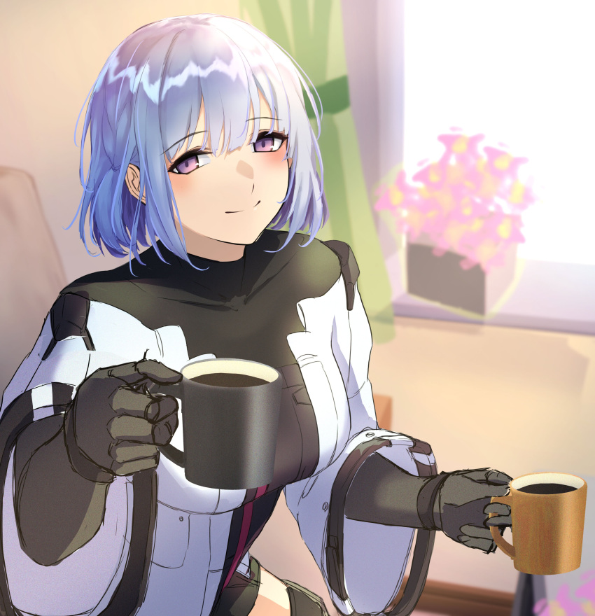 1girl 3_small_spiders absurdres bangs black_bodysuit black_gloves blush bodysuit closed_mouth coffee_cup cup disposable_cup elbow_gloves eyebrows_visible_through_hair flower girls_frontline gloves highres holding holding_cup looking_at_viewer rpk-16_(girls'_frontline) short_hair silver_hair simple_background smile solo tactical_clothes upper_body violet_eyes window