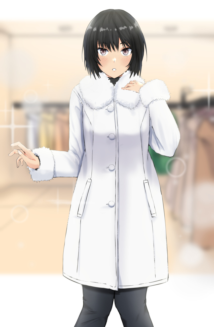 1girl amagami bangs black_hair black_pants blurry blurry_background blush brown_eyes coat coat_dress dress fur-trimmed_dress fur-trimmed_sleeves fur_trim hair_between_eyes highres indoors long_sleeves looking_at_viewer nanasaki_ai pants parted_lips shiny shiny_hair short_hair solo standing white_coat winter_clothes winter_coat ykh1028