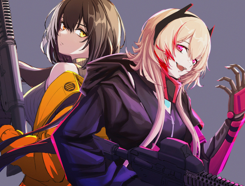 2girls 3_small_spiders absurdres assault_rifle bangs black_gloves black_hair black_jacket blonde_hair breasts closed_mouth eyebrows_visible_through_hair girls_frontline gloves grey_background grey_sweater_vest gun hair_between_eyes headset heterochromia highres holding holding_gun holding_weapon hood hooded_jacket jacket jacket_pull long_hair looking_at_viewer m4_sopmod_ii m4_sopmod_ii_(girls'_frontline) mechanical_arms multicolored_hair multiple_girls open_mouth orange_eyes pink_eyes rifle ro635 ro635_(girls'_frontline) serious single_mechanical_arm smile sweater_vest upper_body weapon yellow_eyes yellow_jacket