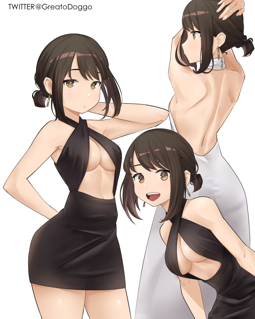 1girl arm_behind_head backless_dress backless_outfit bare_shoulders black_dress breasts brown_eyes brown_hair center_opening contrapposto criss-cross_halter douki-chan_(douki-chan) dress earrings ganbare_douki-chan gown greatodoggo halter_dress halterneck highres jewelry long_dress looking_at_viewer medium_breasts multiple_views no_bra open_mouth short_dress short_hair short_ponytail sideboob sidelocks simple_background smile tied_hair twitter_username white_background white_dress