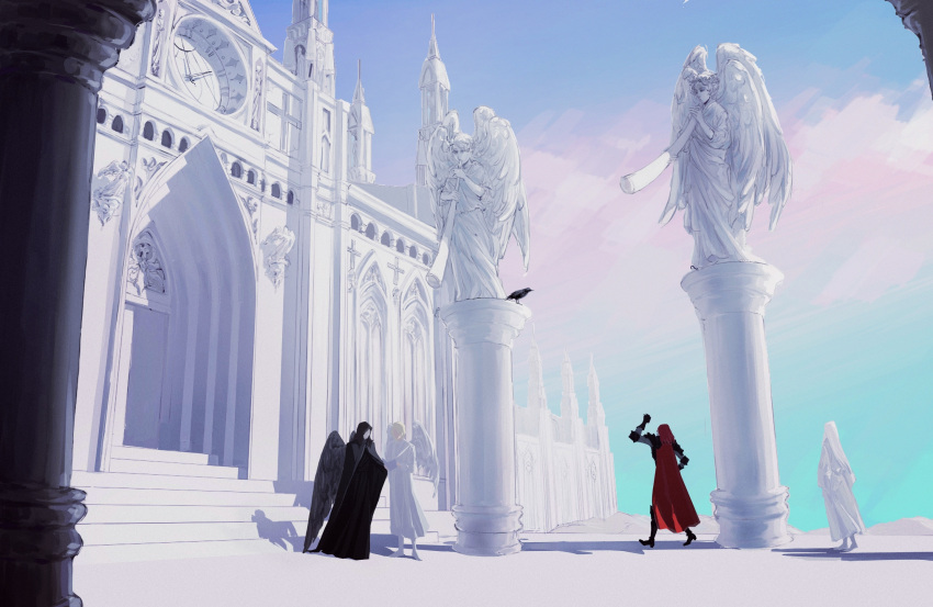 4boys adam_(lord_of_the_mysteries) amon_(lord_of_the_mysteries) angel angel_wings bird black_cloak black_hair black_robe black_wings blonde_hair cape cathedral chinese_commentary clear_sky cloak clock clouds commentary_request crow faceless faceless_male highres hood hooded_cloak instrument long_hair lord_of_the_mysteries medici_(lord_of_the_mysteries) mowuxuan772 multiple_boys ouroboros_(lord_of_the_mysteries) pillar red_cape redhead robe sasrir_(lord_of_the_mysteries) sculpture shadow short_hair silver_hair sky trumpet walking waving white_robe wings