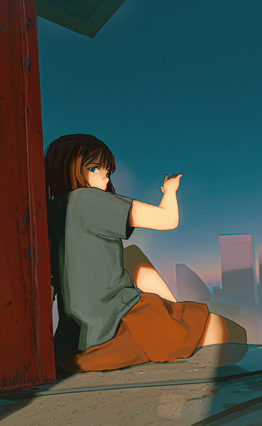 1girl absurdres blue_eyes blue_shirt blue_sky brown_hair building commentary day faiz_azhar from_behind highres looking_at_viewer looking_back orange_shorts original outdoors shirt short_hair short_sleeves shorts sitting sky solo