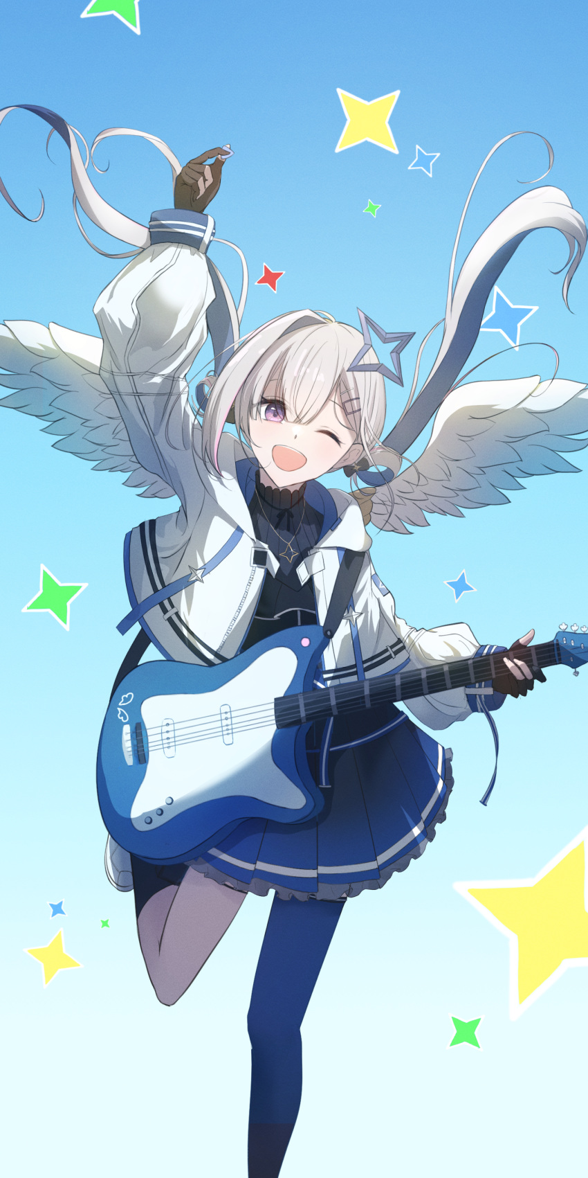 1girl ;d absurdres amane_kanata angel_wings arm_up asymmetrical_legwear bangs black_gloves black_legwear black_ribbon black_shirt blue_background blue_legwear blue_skirt feathered_wings fingerless_gloves floating_hair gloves gradient gradient_background guitar hair_between_eyes hair_ornament hairclip highres hololive hood hood_down hooded_jacket instrument jacket long_hair long_sleeves looking_at_viewer miniskirt music neck_ribbon numadorodoro one_eye_closed open_clothes open_jacket playing_instrument pleated_skirt ribbon shiny shiny_hair shirt silver_hair single_thighhigh skirt smile solo standing standing_on_one_leg thigh-highs twintails very_long_hair violet_eyes virtual_youtuber white_background white_footwear white_jacket white_wings wings