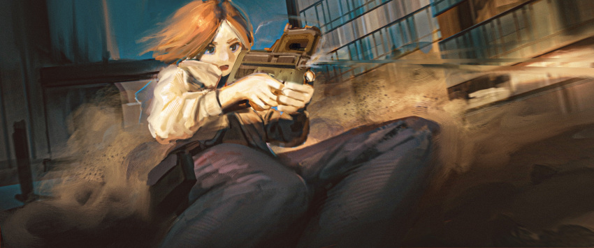 1girl absurdres black_pants blue_eyes brown_hair building commentary dust_cloud faiz_azhar feet_out_of_frame firing foreshortening gun highres holding holding_gun holding_weapon jacket long_sleeves original outdoors pants short_hair solo weapon weapon_request white_jacket
