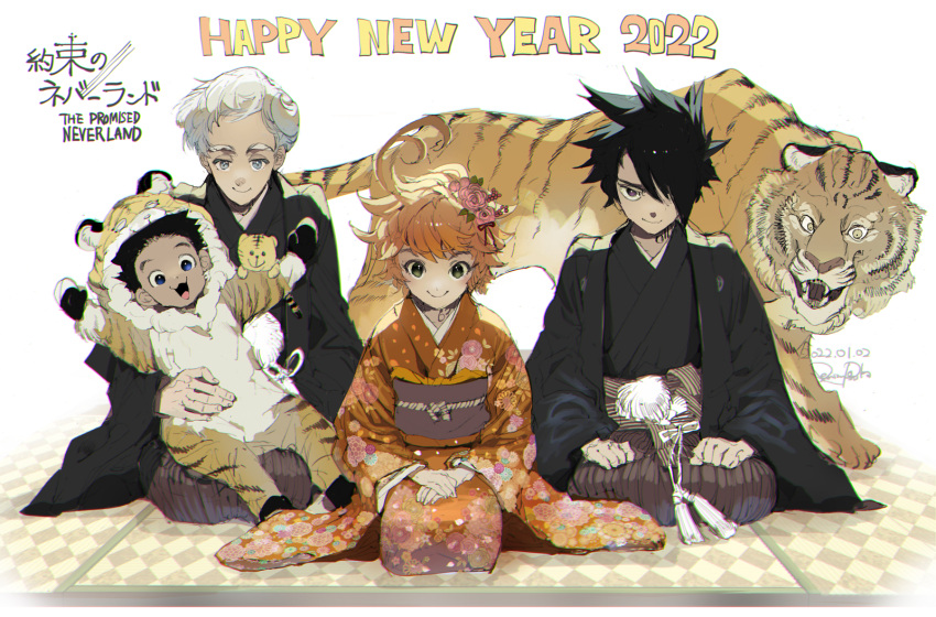 1girl 2022 3boys ahoge animal_costume animal_print black_hair black_kimono blue_eyes brown_eyes chinese_zodiac chromatic_aberration closed_mouth commentary_request copyright_name dated demizu_posuka emma_(yakusoku_no_neverland) green_eyes hand_on_hand hands_on_legs hands_up happy_new_year highres japanese_clothes kimono long_sleeves multiple_boys neck_tattoo new_year norman_(yakusoku_no_neverland) number_tattoo open_mouth orange_hair orange_kimono phil_(yakusoku_no_neverland) ray_(yakusoku_no_neverland) seiza short_hair signature sitting sitting_on_person smile tattoo tiger tiger_costume tiger_print white_hair yakusoku_no_neverland year_of_the_tiger