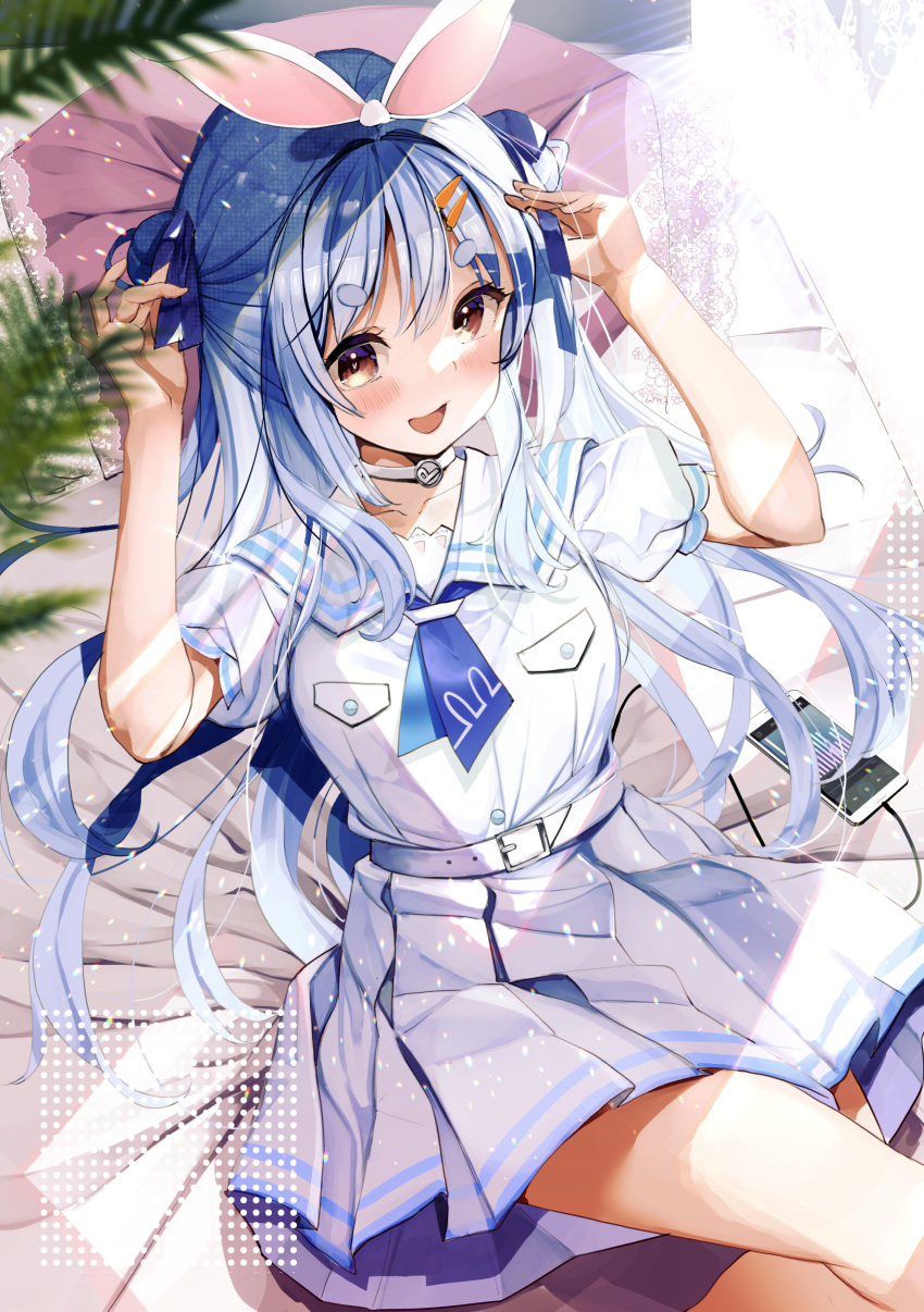 1girl :d absurdres arms_up bangs belt blue_hair blue_neckerchief blush cellphone commentary_request eyebrows_visible_through_hair hair_ribbon haruhina_purple highres hololive leaf long_hair looking_at_viewer neckerchief phone pleated_skirt puffy_short_sleeves puffy_sleeves red_eyes ribbon sailor_collar shirt short_eyebrows short_sleeves sitting skirt smartphone smile solo thick_eyebrows usada_pekora very_long_hair virtual_youtuber white_belt white_sailor_collar white_shirt white_skirt