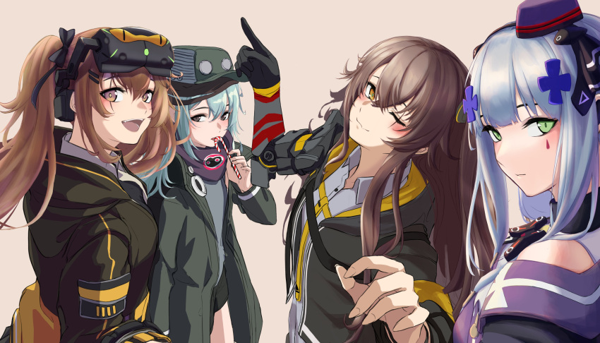 3_small_spiders 4girls absurdres bangs black_jacket blue_hair blush bow brown_eyes brown_hair candy closed_mouth expressionless eyebrows_visible_through_hair food g11_(girls'_frontline) girls_frontline green_eyes green_headwear grey_eyes hair_between_eyes hair_bow hair_ornament hair_ribbon hairclip hat headset highres hk416_(girls'_frontline) holding holding_candy holding_food hood hooded_jacket index_finger_raised jacket long_hair looking_at_viewer mechanical_arms mini_hat multiple_girls one_eye_closed open_clothes open_jacket open_mouth pink_background ribbon scar scar_across_eye scarf shirt single_mechanical_arm smile tactical_clothes teeth twintails ump45_(girls'_frontline) ump9_(girls'_frontline) upper_body upper_teeth uwu white_shirt