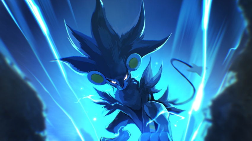 absurdres blurry commentary electricity from_below glowing glowing_eyes higa-tsubasa highres looking_at_viewer luxray no_humans pokemon pokemon_(creature) solo squatting toes