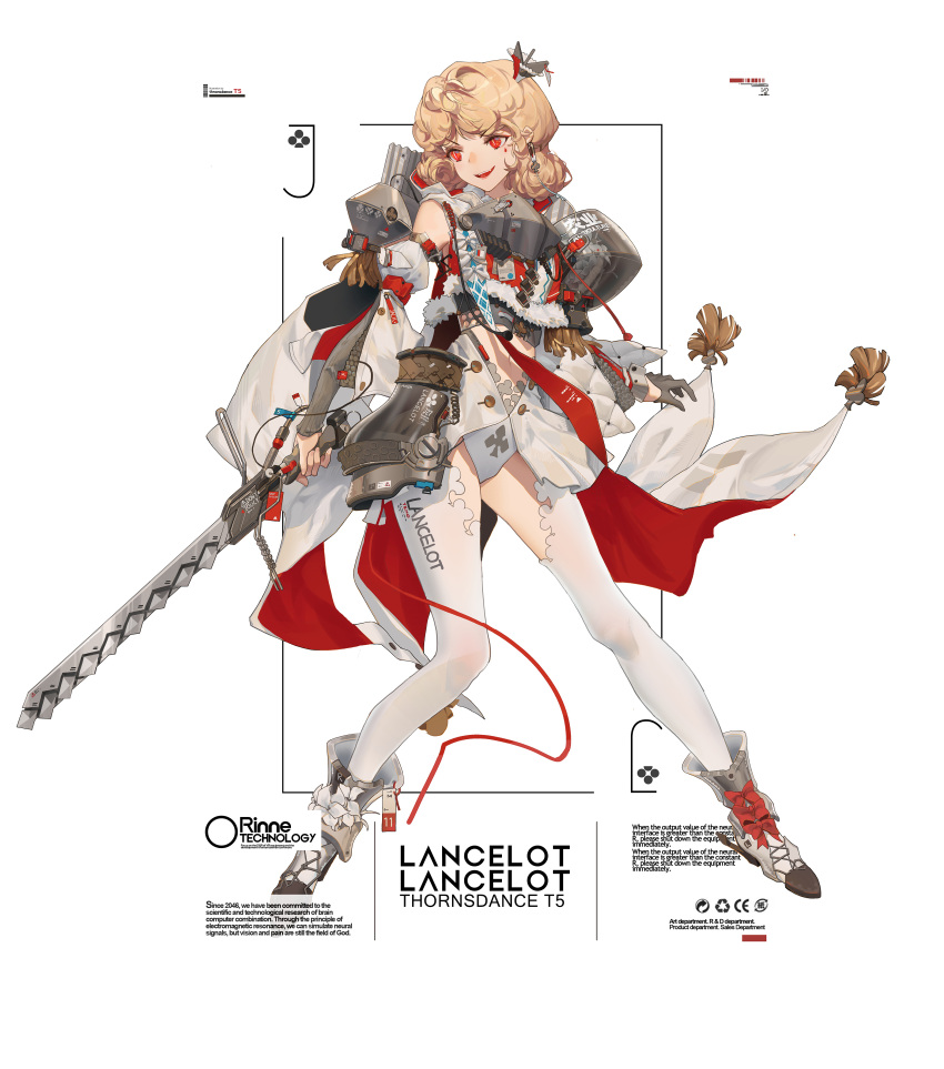 1girl absurdres blonde_hair bow brown_sleeves clothing_cutout commentary detached_sleeves english_text eyebrows_visible_through_hair fur_trim highres hip_armor holding holding_weapon ibara_dance long_sleeves medium_hair navel original parted_lips red_bow red_eyes simple_background slit_pupils smile solo stomach_cutout teardrop_facial_mark teeth thigh-highs upper_teeth v-shaped_eyebrows weapon white_background white_footwear white_legwear white_sleeves