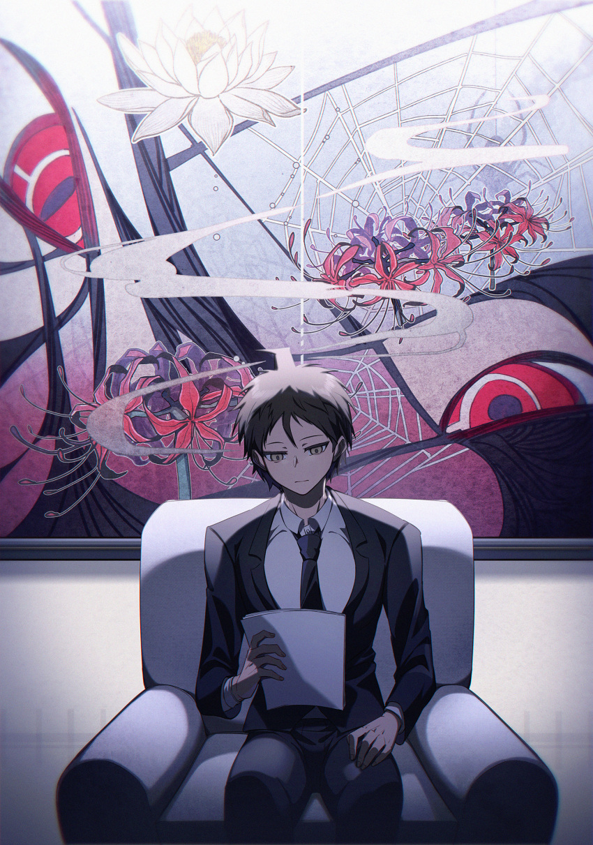 1boy ahoge armchair bangs black_jacket black_necktie black_pants brown_eyes chair closed_mouth commentary_request danganronpa_(series) danganronpa_3_(anime) feet_out_of_frame flower formal highres hinata_hajime holding holding_paper jacket long_sleeves necktie official_alternate_costume painting_(object) pants paper red_eyes school_uniform shirt short_hair silk spider_lily spider_web suit ziling