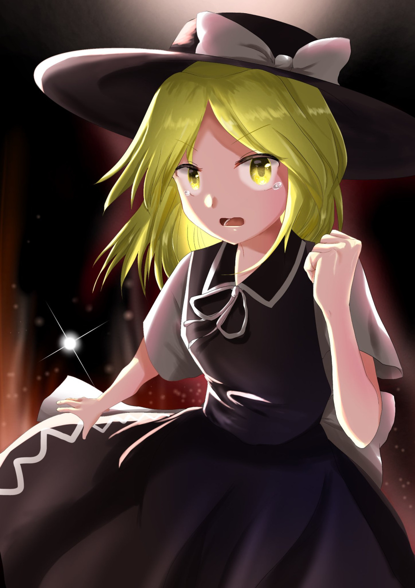 black_headwear black_skirt black_vest blonde_hair bow clenched_hand collared_vest crying crying_with_eyes_open hat hat_bow highres medium_hair mystic_square open_mouth puffy_short_sleeves puffy_sleeves ribbon ruritenshiki shirt short_sleeves skirt tears touhou touhou_(pc-98) vest white_bow white_ribbon white_shirt yellow_eyes yuki_(touhou)
