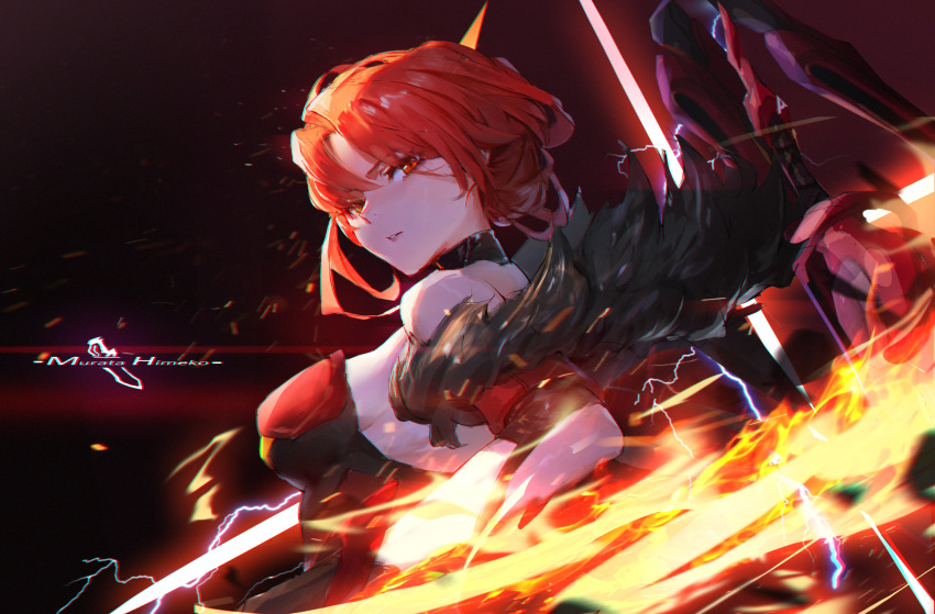 1girl bangs bare_shoulders breasts character_name ether.b fire flaming_sword flaming_weapon forehead fur_collar hair_ornament highres holding holding_sword holding_weapon honkai_(series) honkai_impact_3rd looking_at_viewer looking_to_the_side murata_himeko murata_himeko_(vermillion_knight) open_mouth redhead sideboob solo sword teeth v-shaped_eyebrows weapon yellow_eyes