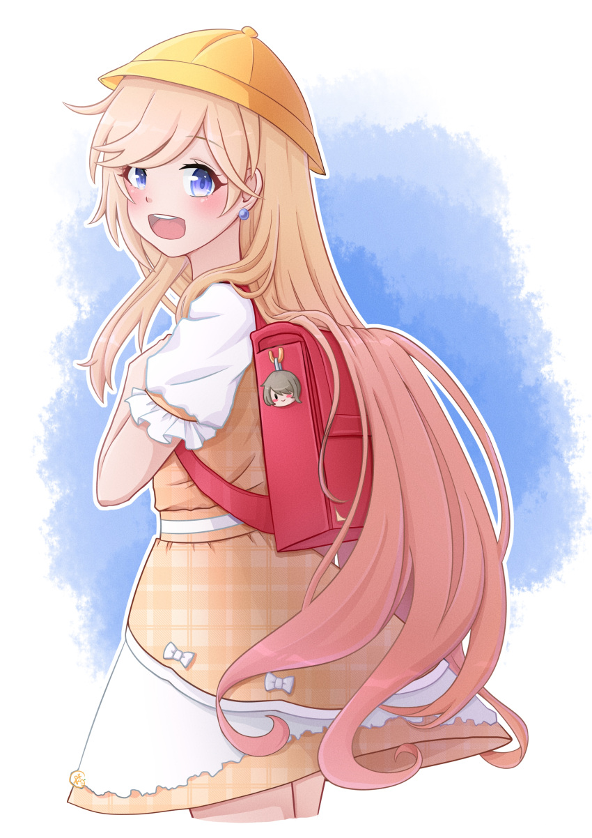 1girl :d absurdres backpack bag bangs bianka_durandal_ataegina blonde_hair blue_eyes blush dress earrings highres honkai_(series) honkai_impact_3rd jewelry jzyy299 long_hair looking_at_viewer looking_to_the_side open_mouth orange_dress rita_rossweisse short_sleeves smile solo white_background yellow_headwear younger