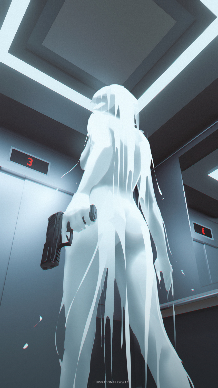 1girl absurdres artist_name ass chromatic_aberration colored_skin commentary elevator english_commentary english_text faiz_azhar feet_out_of_frame from_behind from_below gun highres holding holding_gun holding_weapon indoors long_hair original solo weapon weapon_request white_skin