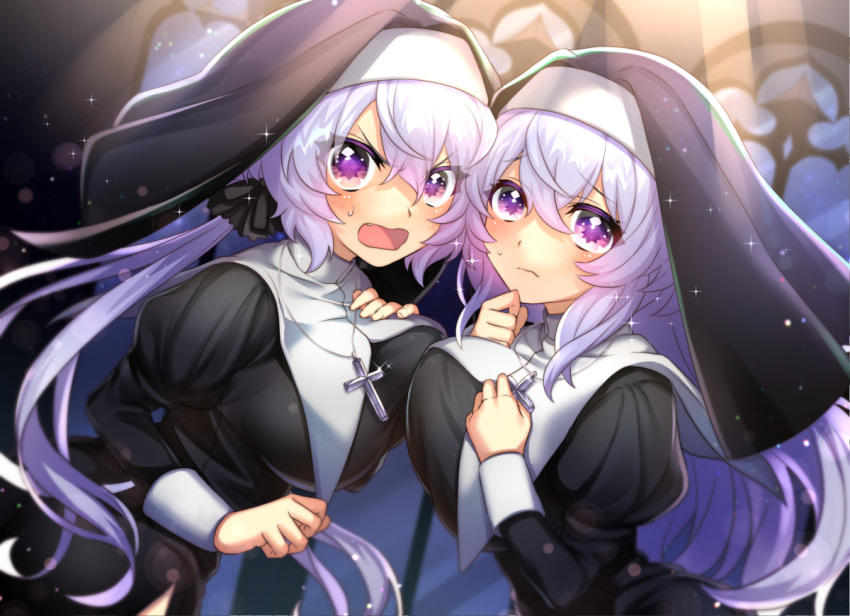 2girls blush breasts closed_mouth cross cross_necklace eyebrows_visible_through_hair fang habit hair_ribbon indoors jewelry large_breasts light_beam long_hair looking_at_viewer multiple_girls necklace nun open_mouth ribbon senki_zesshou_symphogear shiny shiny_hair silver_hair star-shaped_pupils star_(symbol) sweat symbol-shaped_pupils violet_eyes wada_chiyon yukine_chris