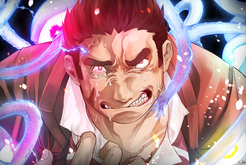 1boy anger_vein angry berserker_rage close-up facial_hair fighting_stance glowing gunzo_(housamo) highres kidomh63 male_focus muscular muscular_male pectorals solo spirit tearing_up teeth tentacles thick_eyebrows tokyo_afterschool_summoners