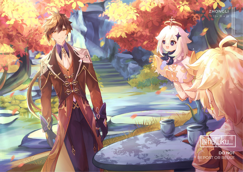 1girl 2boys :d absurdres aether_(genshin_impact) ahoge arms_at_sides autumn_leaves bangs black_gloves black_pants blonde_hair blue_eyes blush branch cape collared_shirt cup earrings english_commentary falling_leaves floating formal gem genshin_impact gloves gradient_hair hafuku highres jewelry leaf long_hair long_sleeves low-tied_long_hair multicolored_hair multiple_boys necktie paimon_(genshin_impact) pants shirt single_earring smile stairs standing suit suit_jacket table tassel tassel_earrings thigh-highs tree two-tone_hair white_legwear white_necktie wing_collar yellow_eyes zhongli_(genshin_impact)